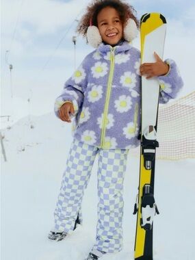 Zara Kids Checkered Snow Ski Pants Purple Yellow Insulated Bib 13-14 164cm